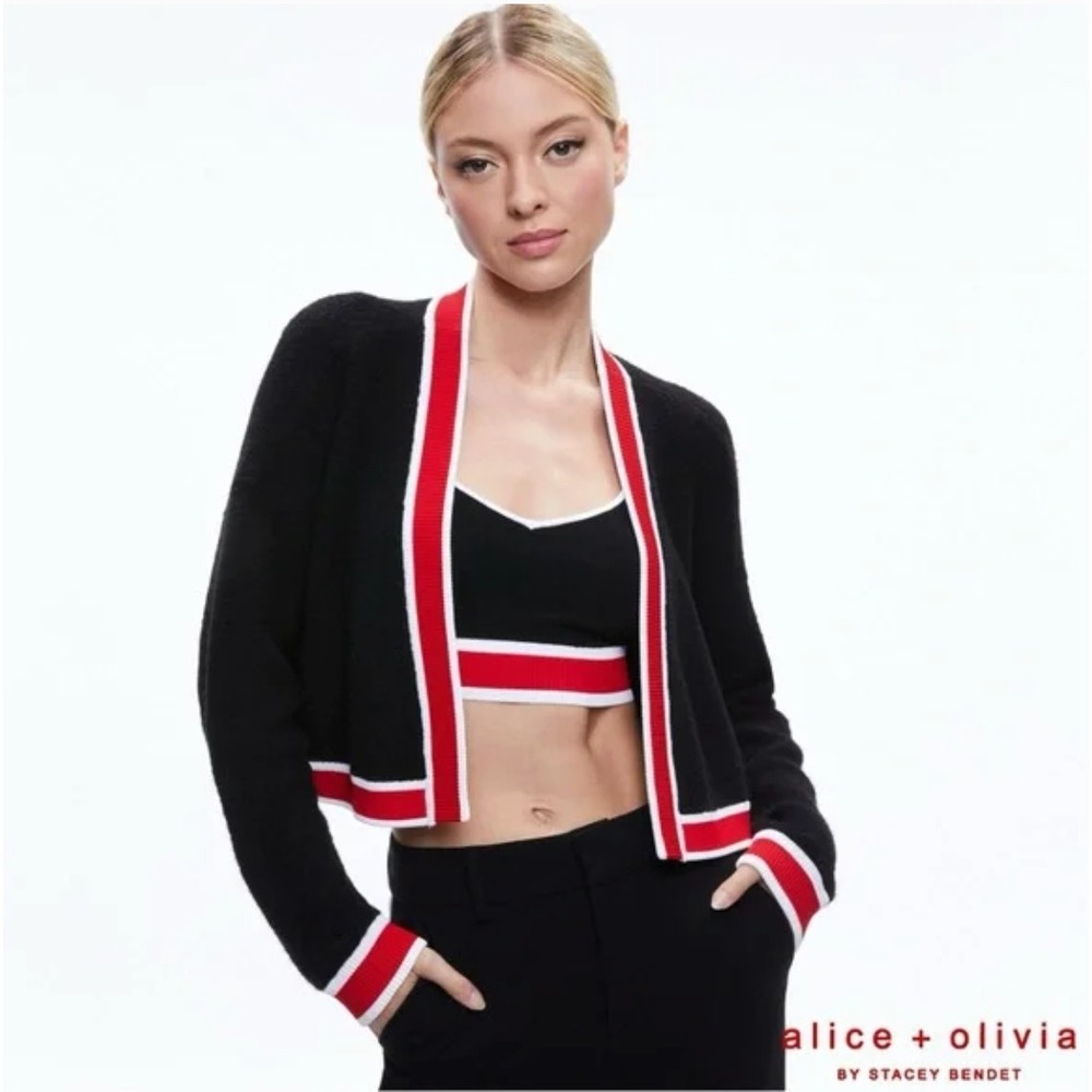 Alice + Olivia‎ Women's Juana Tipped Stripe Crop Cardigan Black/ Red Size XL NEW